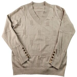 Akewei Sweater Mens Medium Beige Viscose Button Detail Ribbed Long Sleeve V-Neck